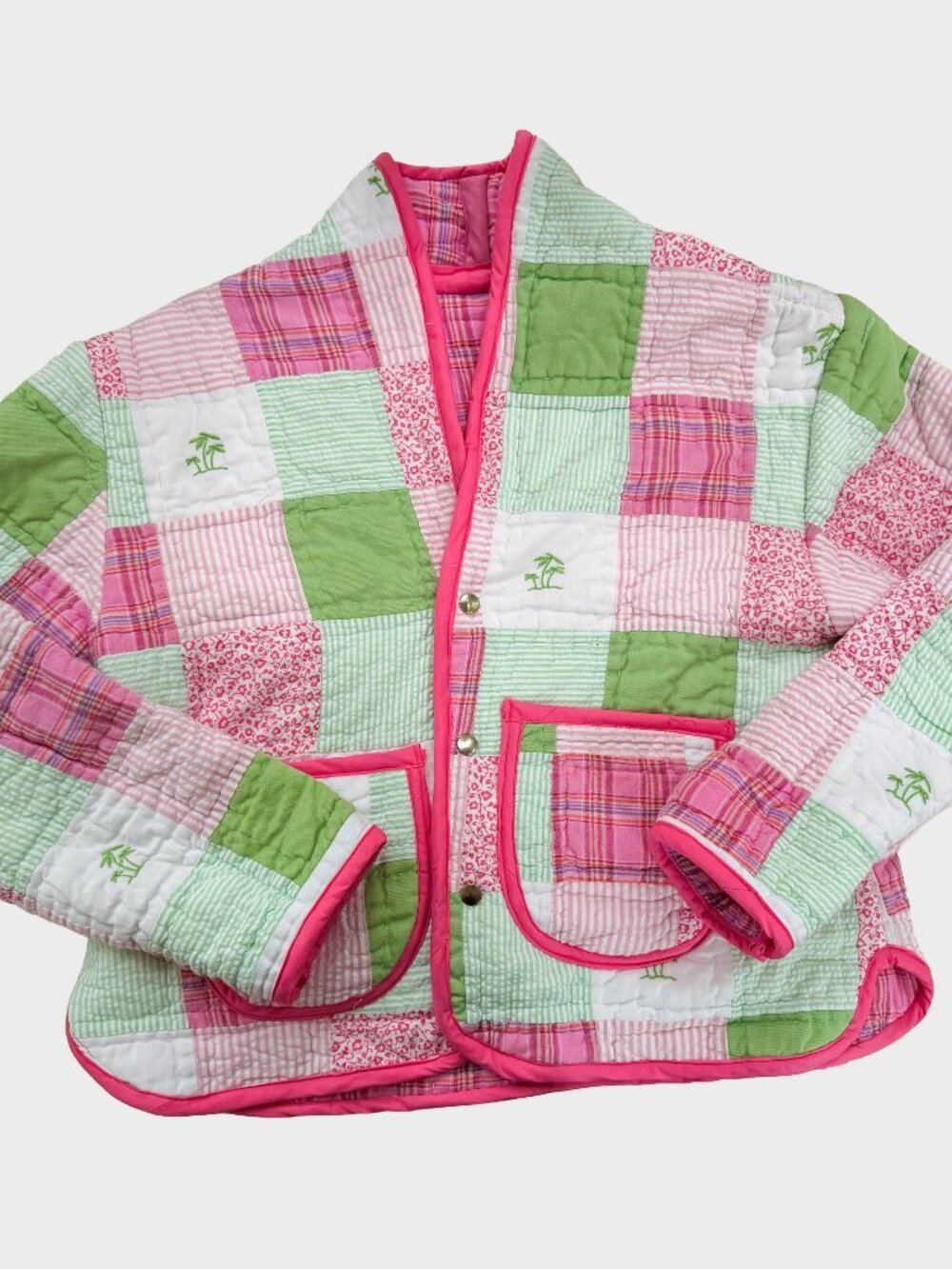 Handmade Palm Tree Quilted Jacket Made from a Vintage Patchwork Quilt - Size Med